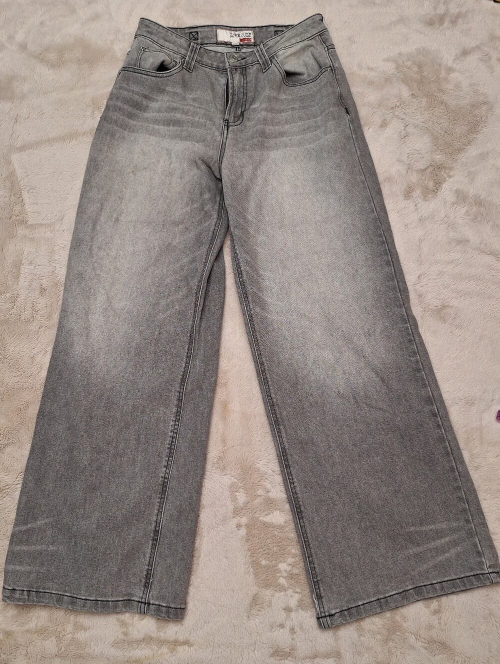Love Cult Gray Washed Wide Leg Jeans with Back Buckle • Size 9 Y2K Skater Grunge